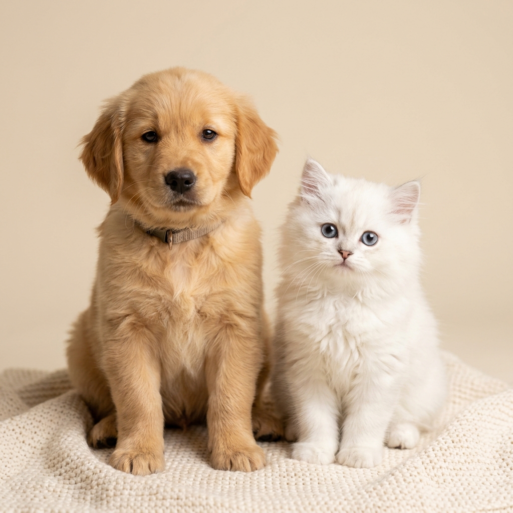 Cute puppy and kitten side by side